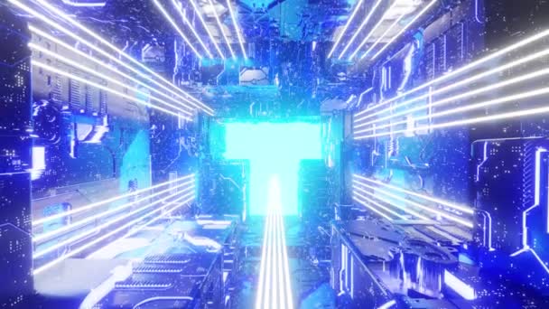 Animering Geometrisk Korridor För Futuristiska Rymdfarkoster Med Klarblå Neonbelysning — Stockvideo