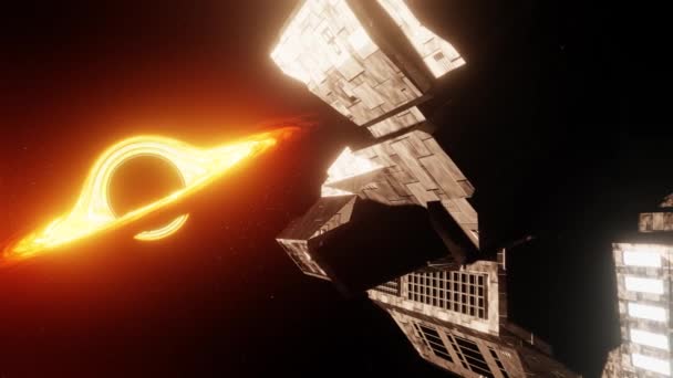 Animace Velká Kosmická Loď Zářivou Neonovou Lampou Letící Kosmu Směrem — Stock video