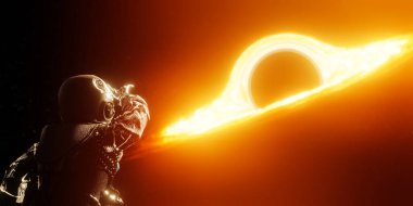 Uzay giysisi içindeki astronotun uzay boşluğunda turuncu ışıkla parlayan kara deliğe doğru uçuşu.