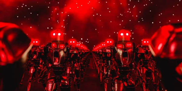 金属製の衣装や明るい赤の照明と暗いトンネルの中に立って輝く目を持つヘルメットで恐ろしいサイボーグの3Dレンダリング ロボットは人間に背を向け — ストック写真