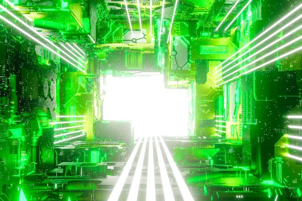 Illustration Des Geometrischen Flurs Futuristischer Raumfahrzeuge Mit Leuchtend Grüner Neonbeleuchtung — Stockfoto