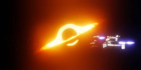Render Large Spacecraft Glowing Neon Lamp Flying Cosmos Glowing Black — Stockfoto