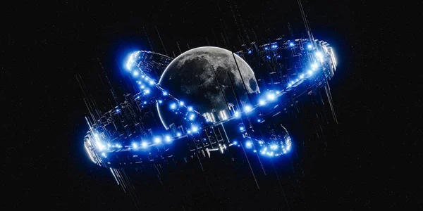 3D illustration of futuristic satellite ring glowing with blue neon light around gray moon against black background in space