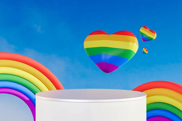 Image of a rainbow and heart shape on top of a product stand. 3d render