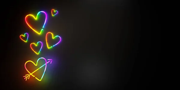 3D render illustration of glowing rainbow neon different sized hearts on black background