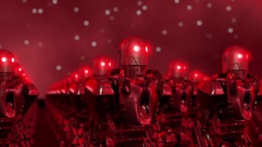 3d animation loop of futuristic army of robots with glowing neon ed eyes standing under dark night sky. Robots have turned against humans