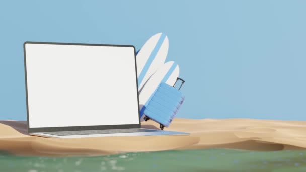 Animace Laptopu Namontovaného Písku Blízkosti Kufříků Surfařů Modrém Pozadí — Stock video