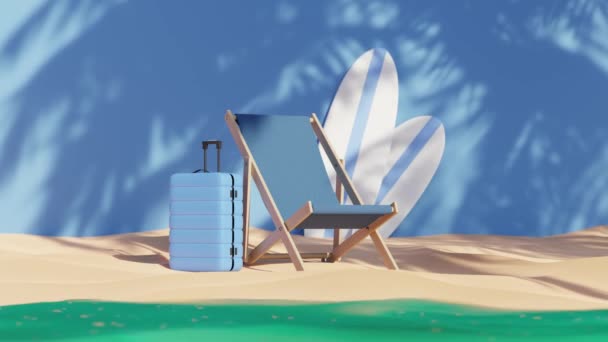 Uma Cadeira Deck Bagagem Pranchas Surf Uma Praia Coberta Pela — Vídeo de Stock