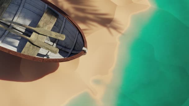 Κάτοψη Ξύλινου Σκάφους Αγκυροβολημένο Στην Άμμο Στην Παραλία Render Loop — Αρχείο Βίντεο
