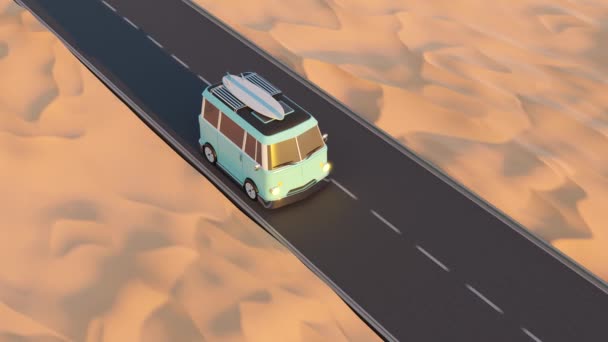 Анімаційна Петля Старовинного Синього Фургона Їде Асфальтовій Дорозі Біля Піщаних — стокове відео