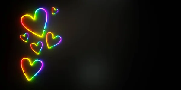 Render Illustration Glowing Rainbow Neon Different Sized Hearts Black Background — Stock Photo, Image