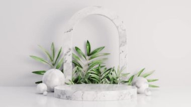 Yeşil yapraklara ve dekoratif toplara yerleştirilmiş kemerli kaidesel görüntünün beyaz renkli yaratıcı bileşimi. 3d hazırlayıcı