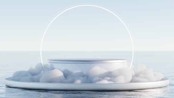 新产品的亮蓝色基座 冰片放置在平静的海面上 3D渲染 — 图库视频影像