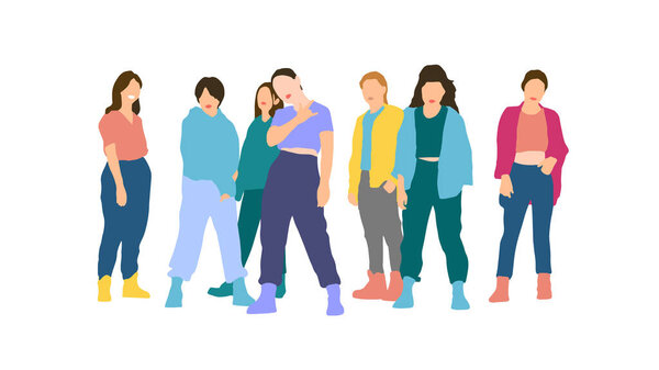 Векторная иллюстрация всего тела людей в красочных уличных нарядах и кроссовках, изолированных на белом фоне