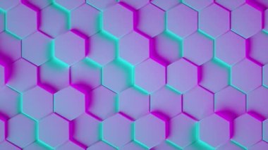 3D animation loop purple dynamic textured hexagon shaped wall with green neon illumination pulsing as abstract background