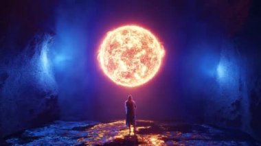 Zoom in 3D render animation of explorer admiring planet with burning surface while travelling through space