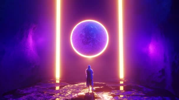 Zoom Render Animation Person Hooded Coat Admiring Futuristic Planet Purple — 图库视频影像