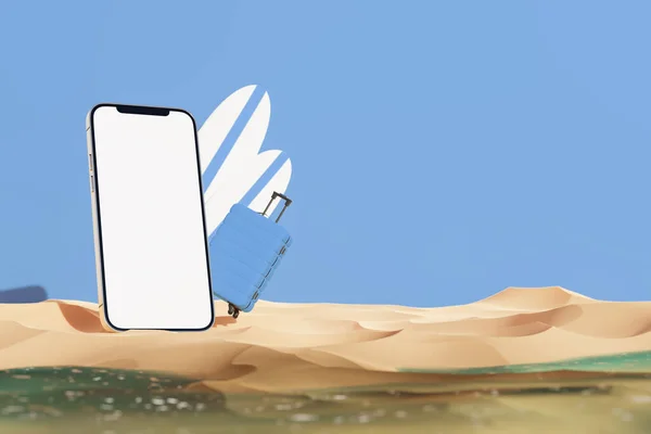 Renderização Celular Simular Colocado Areia Perto Malas Pranchas Surf Contra — Fotografia de Stock