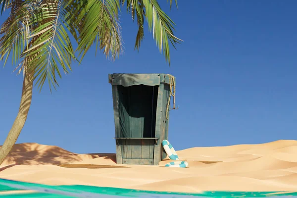 Beach hut with a board in the sand of a tropical beach 3d illustration