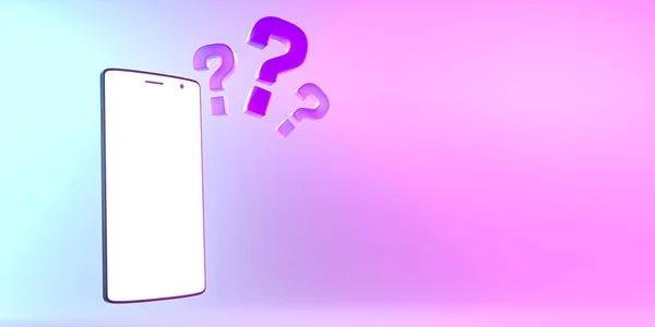 Símbolos Ponto Interrogação Levitando Perto Telefone Móvel Com Tela Branco — Fotografia de Stock