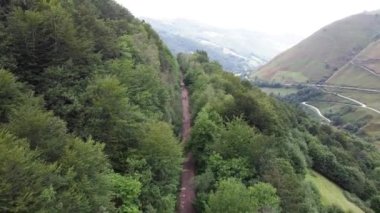 Yaz macerası boyunca Asturias 'ta dağlarda yeşil yemyeşil ağaçlar arasında dar bir yolda yürüyen turistlerin hava manzarası