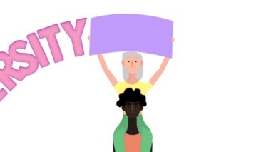 Afro-Amerikan bir erkeğin omuzlarında oturan yaşlı bir kadının canlandırması ve çeşitli görünen bir pankart taşıması.