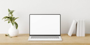 Minimalist ve modern bir masadaki bilgisayarda bitkiler, 3D görüntüleme