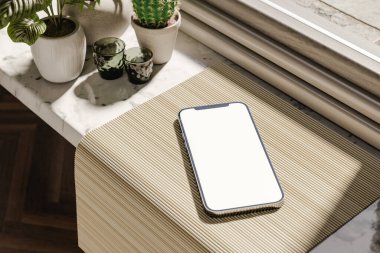 Pencerenin yanındaki bambu masa paspasına yerleştirilmiş cep telefonu ve güneş ışığı altında mermer pencere kenarına konmuş saksı bitkileri. 3d hazırlayıcı