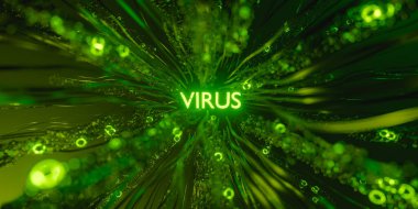 Birkaç bağlı kablo üzerinde 3D görüntüleme ve siber uzayda parlayan neon yeşil arkaplan ile merkez Virüs.