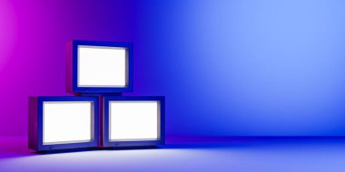 Neon arka plana karşı üç Retro televizyon. 3d oluşturma