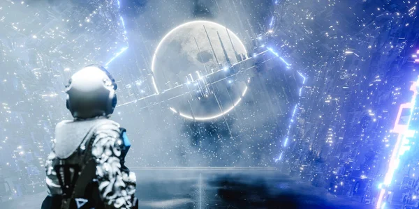 Рендеринг Космонавта Стоящего Космическом Корабле Наблюдающего Инопланетной Планетой Окруженной Научно — стоковое фото