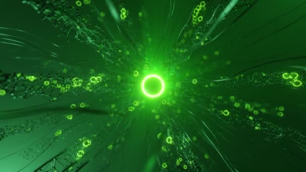 サイバースペースの緑を背景に輝くネオンサークルに接続された様々なワイヤ上の3Dアニメーション — ストック動画