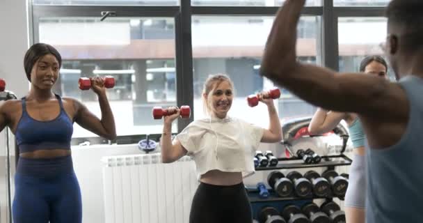 Positieve Jonge Multiraciale Vrouwelijke Atleten Sportkleding Heffen Halters Tijdens Fitness — Stockvideo