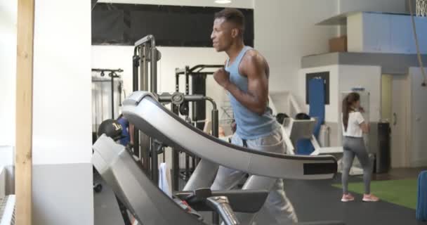 スポーティな若いフィットアフリカ系アメリカ人男性アスリートは 現代のジムでカーディオトレーニング中にトレッドミルで運動 — ストック動画