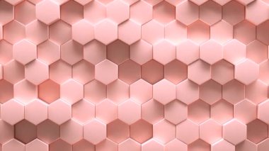 Pembe altıgenlerden yapılmış, titreşen ve senkronize hareket eden duvarın geometrik arka planının 3 boyutlu animasyon döngüsü