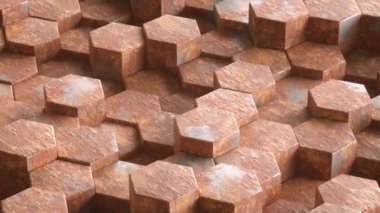 Soyut arkaplan olarak dinamik simetrik altıgen fayanslardan yapılmış 3d animasyon döngüsü pas metal geometrik titreşim duvarı