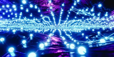 3D canlandırma mavi renkli geometrik elementlerle hareket eden duvarlar arasındaki sonsuz dar koridorun gerçek zamanlı canlandırması