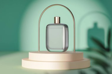 Çağdaş kozmetik ürünleri kavanozu altın kemerin altında yeşil arka planda duruyor. 3d hazırlayıcı