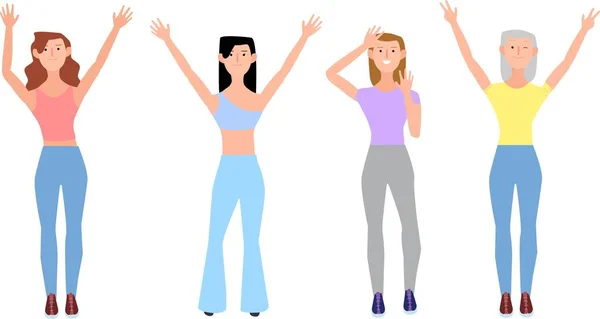 白い背景に成功を祝いながら腕を上げ 2本の指のジェスチャーを示す異なる髪の色を持つ陽気な女性の2Dベクトルイラスト — ストックベクタ
