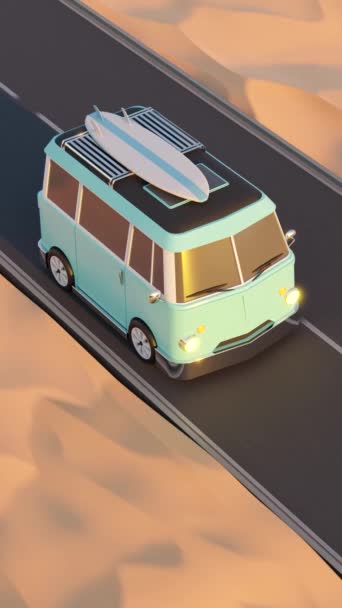 Animation Loop Vintage Blue Van Driving Asphalt Road Sandy Dunes — Video Stock