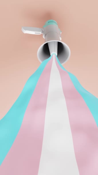 跨性别旗帜上带有蓝色 粉色和白色条纹的白色扩音器3D动画 显示米色背景信息 — 图库视频影像