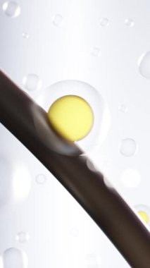 Yuvarlak şekilli sarı hücrenin dikey 3D çizimi kahverengi saçlı beyaz arkaplanlı ve düşen baloncuklu