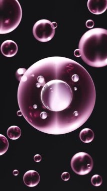 Saydam küresel baloncuklar ve DNA iplikçikleriyle soyut yansıtıcı mavi arkaplanın dikey 3D animasyonu