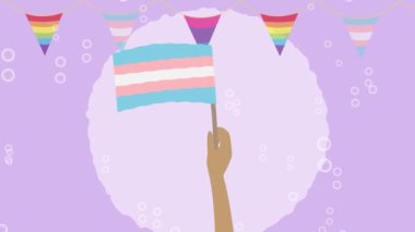 Çok ırklı insanların transseksüel bayrakları sallamalarının 2D animasyonu