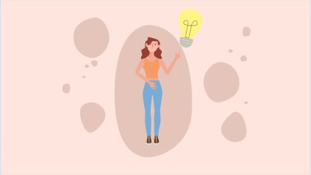 Vídeo Uma Ilustração Animada Mulher Tem Uma Ideia Uma Lâmpada — Vídeo de Stock
