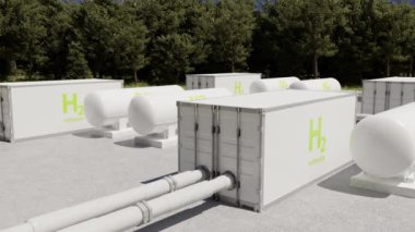 Sıvı hidrojen ve oksijen üretimi için fabrikada bulunan modern büyük beyaz sanayi tankları. 3d canlandırma