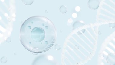 Soyut yansıtıcı açık mavi arkaplanın şeffaf küresel kabarcıklar ve DNA iplikçikleriyle 3 boyutlu animasyonu