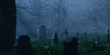 Geceleri sisli mezarlıkta büyüyen karanlık mezarların ve gizemli yapraksız ağaçların korkutucu manzarasının üç boyutlu bir çizimi.