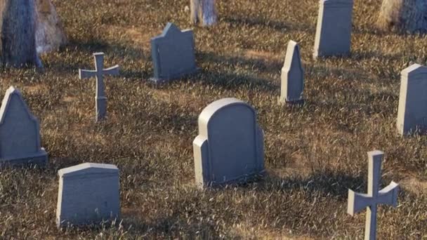 墓碑や石の上から晴れた秋の日に墓地の芝生の地面に交差します 3Dアニメーション — ストック動画