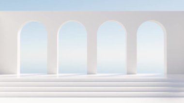Bulutsuz mavi gökyüzüne karşı beyaz kemer ve merdivenlerin minimalist 3D yansıması
